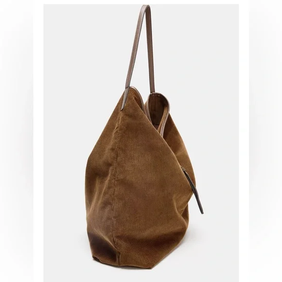 Zara Corduroy Effect Hobo Shoulder Tote Bag Brown NWT - Picture 5 of 7